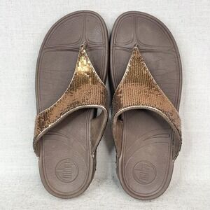 Fitflop Womens 9 Lulu Sequin Sandals‎ Shoes Bronze Thong Platform Wedge Comfort
